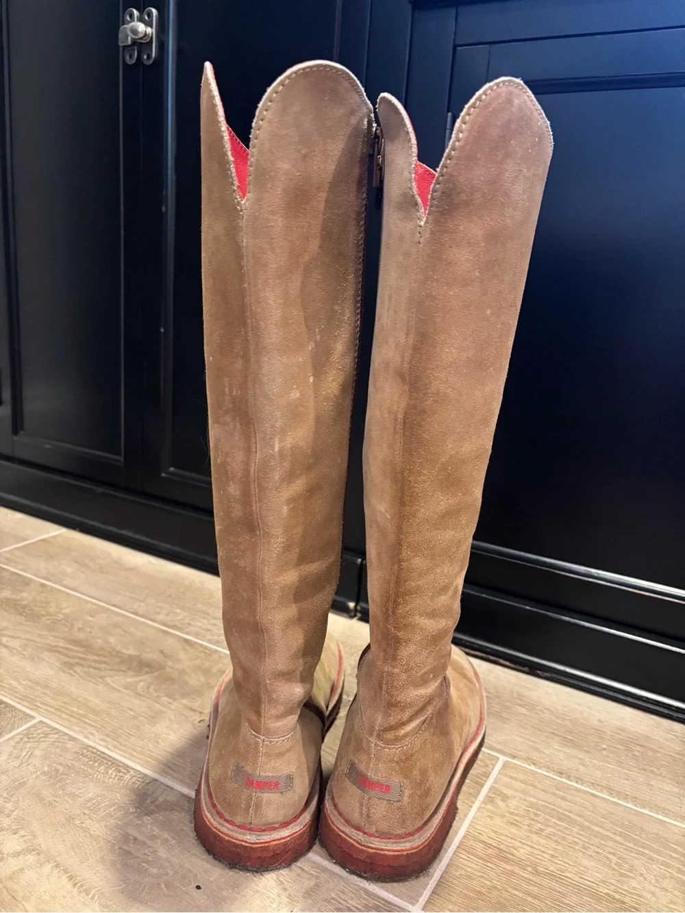 Beautiful Rare Camper Suede Zip Knee-High Boots Tan Red Portugal Women’s 5.5